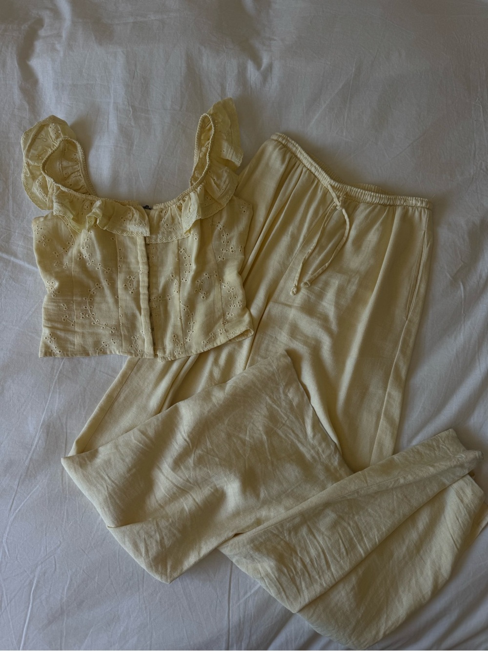 Soft Yellow Eyelet Crop Top and Pants Set